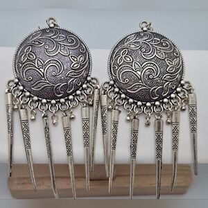 Large Oxidized Silver Ethnic Drop Earrings Engraved Spike Dangles Bold Statement